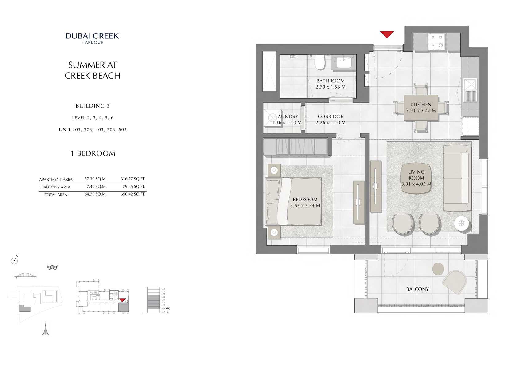 1 Br Building 3 Level-2-3-4-5-6 Unit-203-303-403-503-603, Size 696 Sq Ft